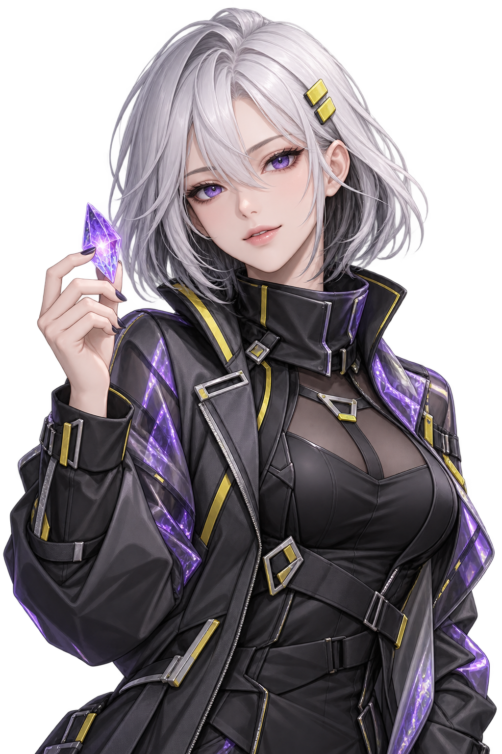 Nyora, a silver-haired anime woman with violet eyes and yellow hair clips, holding a luminous memory crystal.